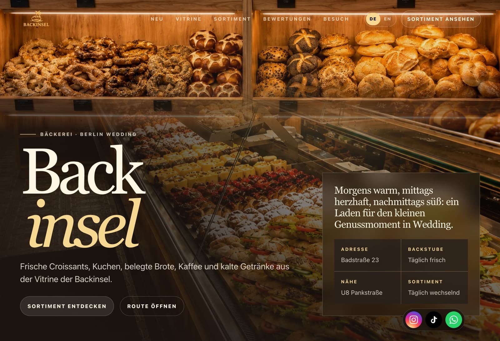 Website der Bäckerei Backinsel mit Produktfotos, Öffnungszeiten und Anfahrt