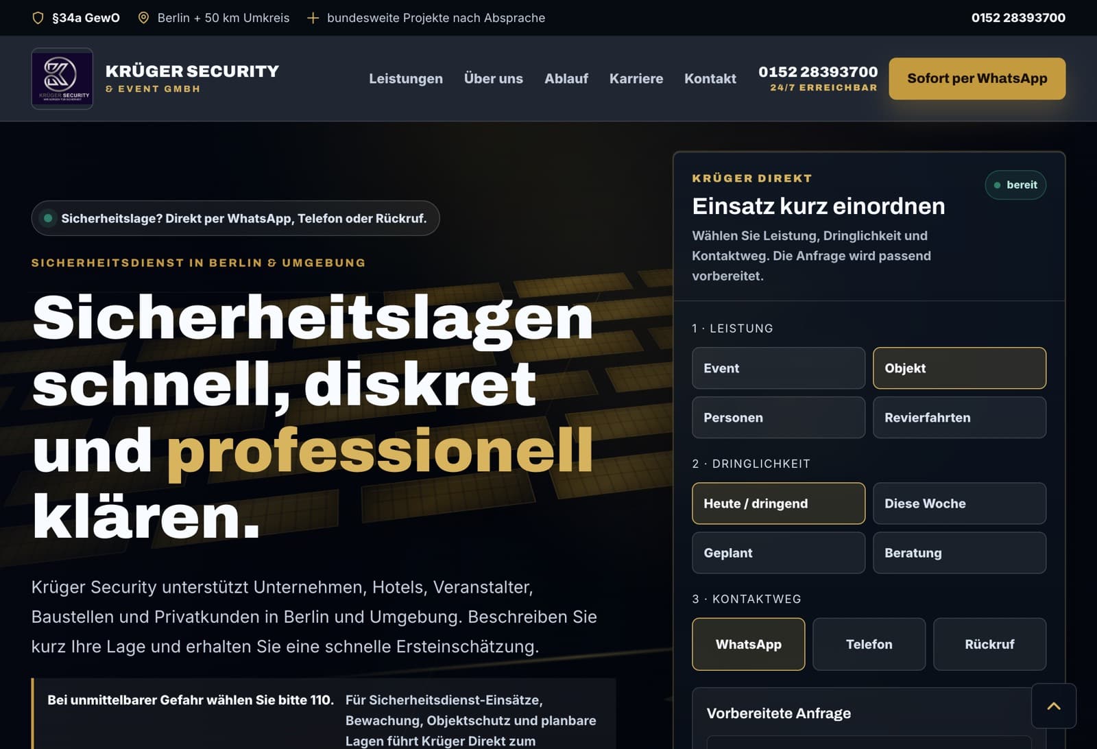 Startseite von Krüger Security mit dem dreistufigen Anfrage-System Krüger Direkt