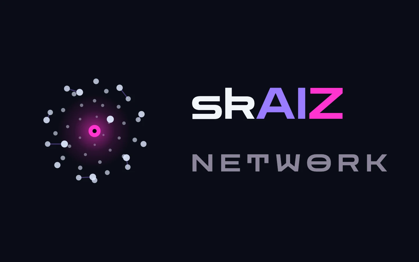 skAIZ Network Lockup – Partikel-Sphäre mit magenta Königin-Kern neben dem Zen-Dots-Schriftzug skAIZ Network