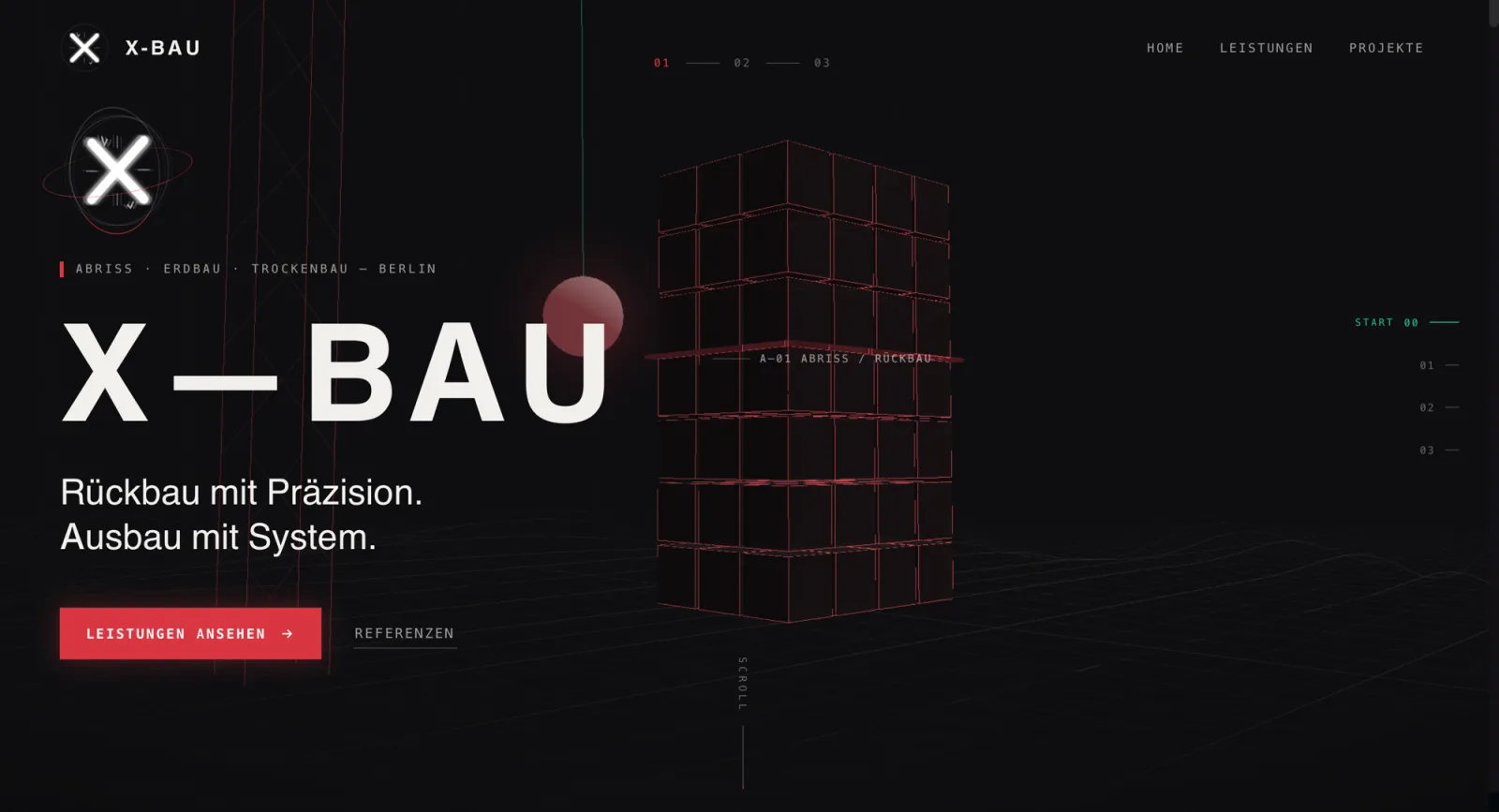 Startseite von X-Bau mit dem Claim „Rückbau mit Präzision. Ausbau mit System.“